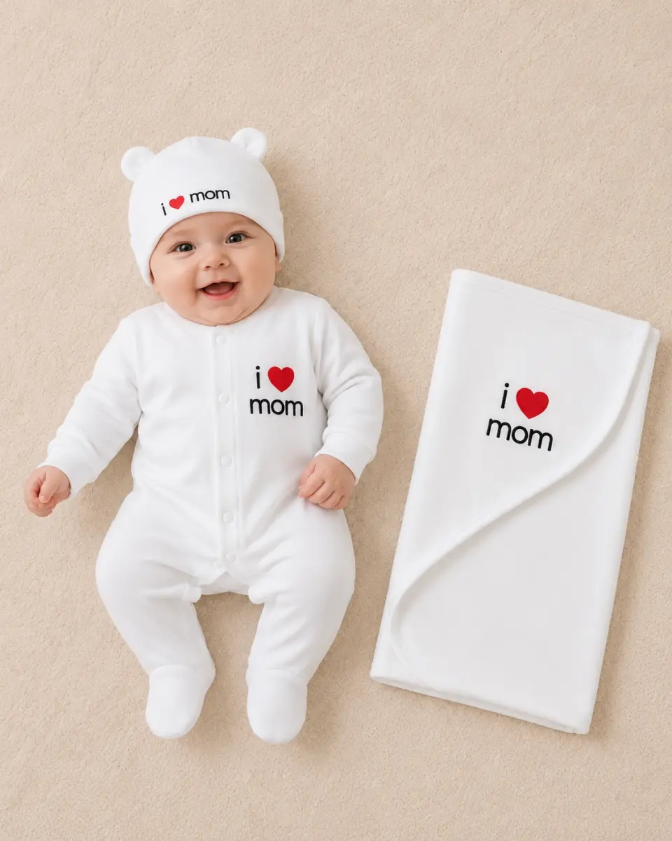 Baby "I Love Mom" Newborn Gift Set with Blanket and Hat