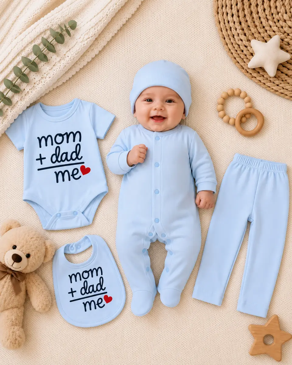 Baby Essentials 5-Piece Newborn Clothing Set – Bodysuit, Sleepsuit, Pants, Bib & Hat
