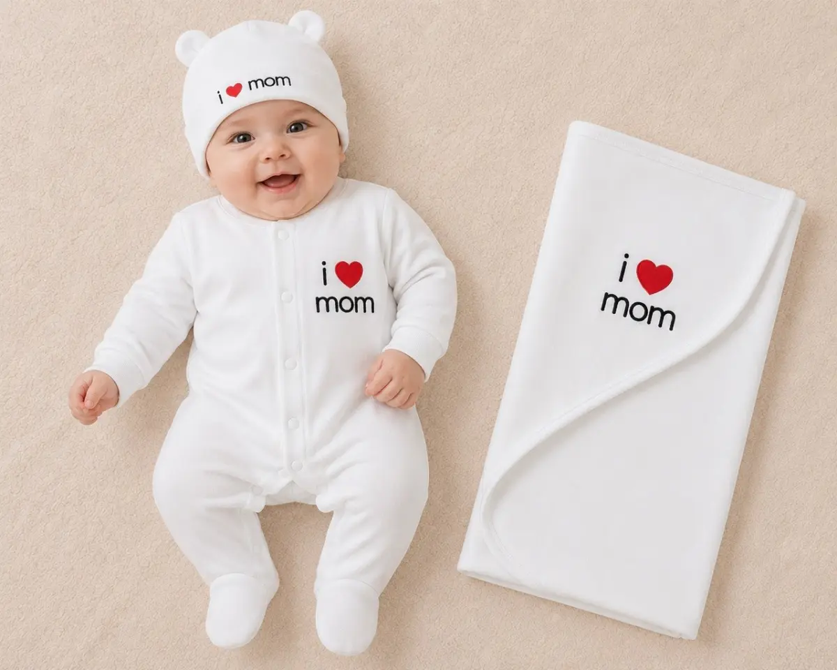 Baby "I Love Mom" Newborn Gift Set with Blanket and Hat