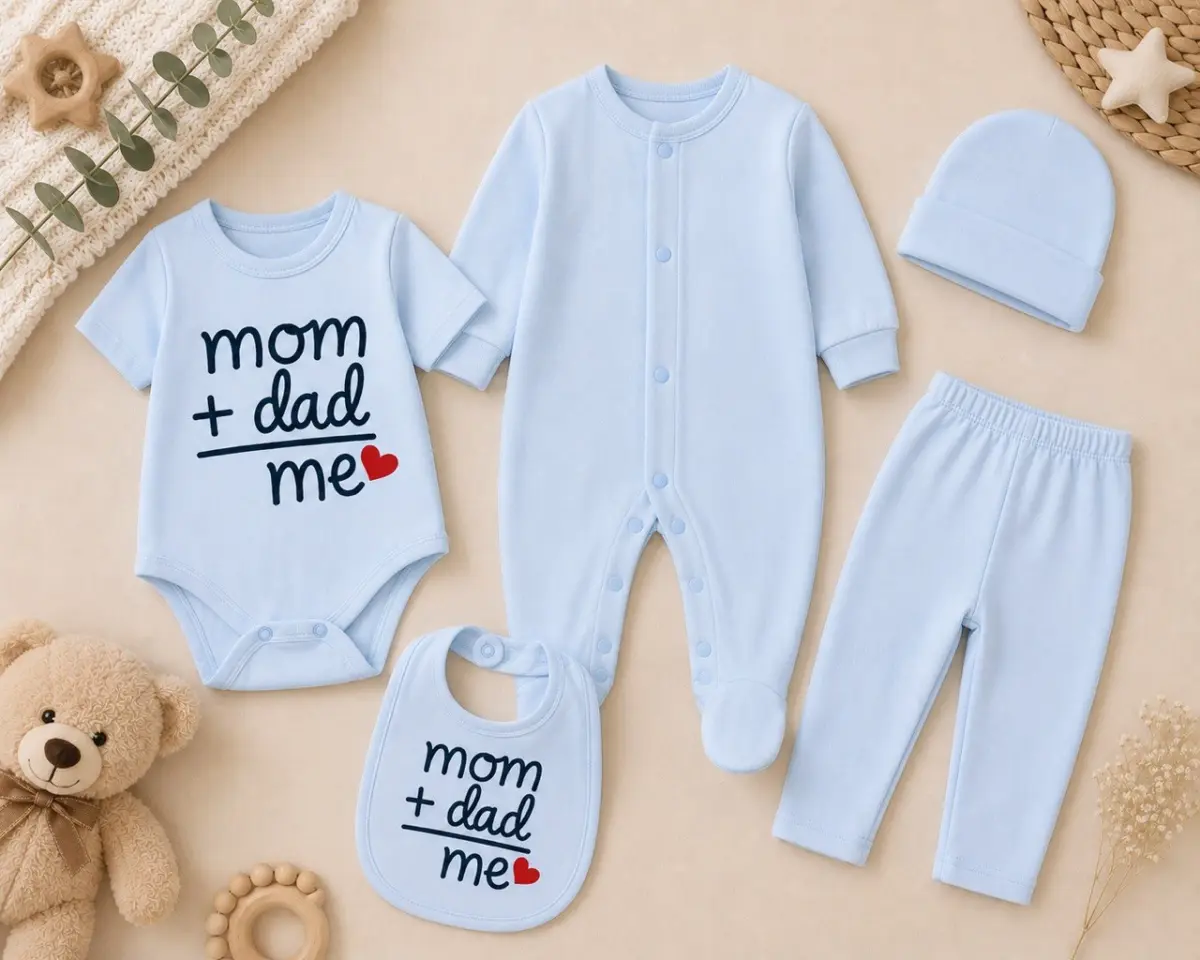 Baby Essentials 5-Piece Newborn Clothing Set – Bodysuit, Sleepsuit, Pants, Bib & Hat